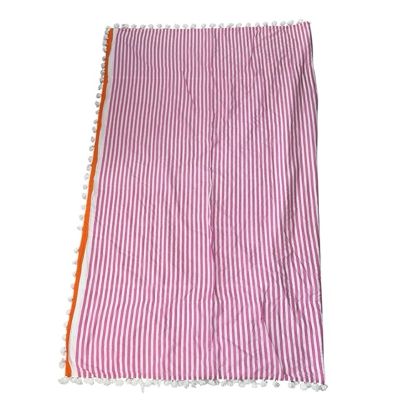 Serena & Lily Pink White Orange Stripe Cotton Pom Pom Twin Size Coverlet‎ - Picture 4 of 9